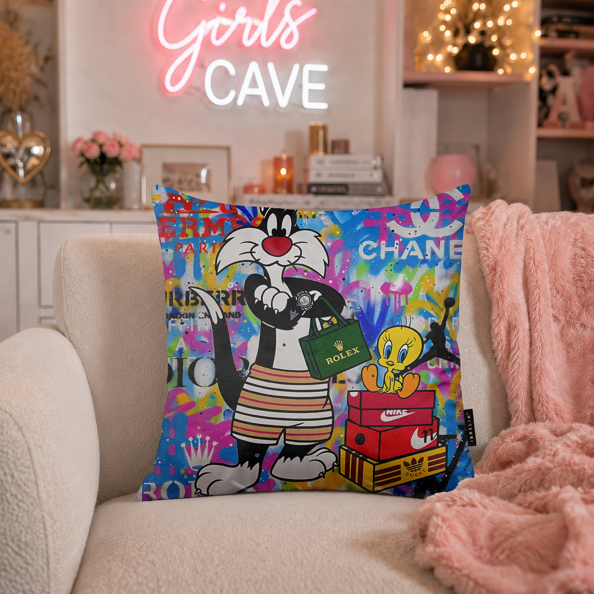 Sylvester & Tweety Luxury Shopping Pop Art Cushion | Premium Velvet Suede | Double-Sided Print