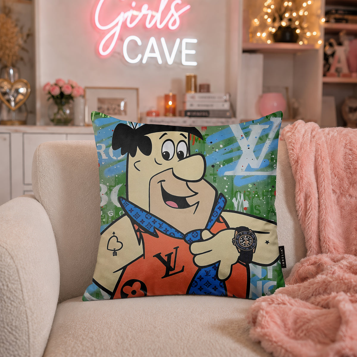 Fred Flintstone Luxury Fashion Pop Art Cushion | Premium Velvet Suede | Double-Sided Print