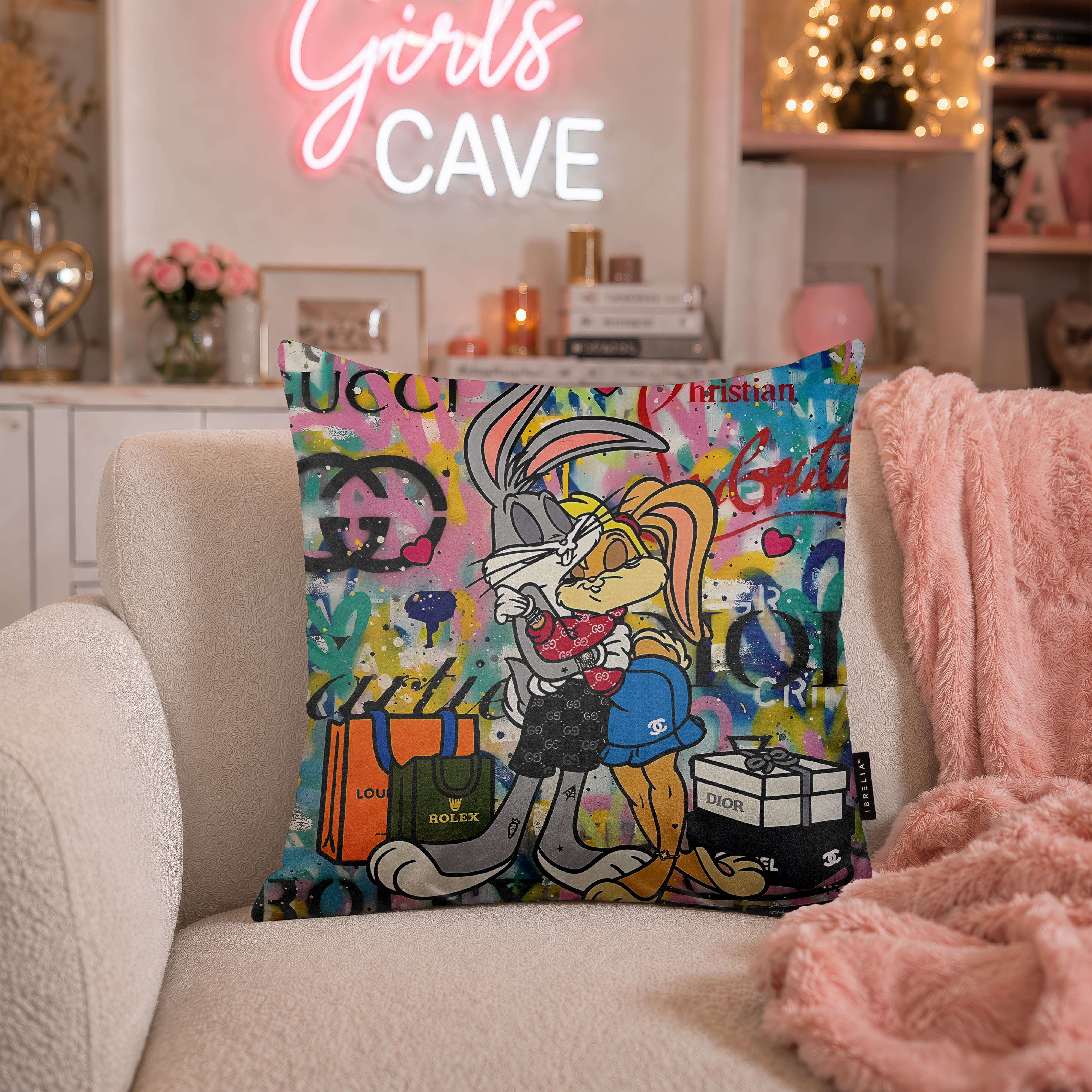 Bugs & Lola Bunny Luxury Love Pop Art Cushion | Premium Velvet Suede | Double-Sided Print