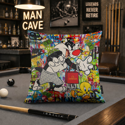 Sylvester & Tweety Luxury Money Pop Art Cushion | Premium Velvet Suede | Double-Sided Print