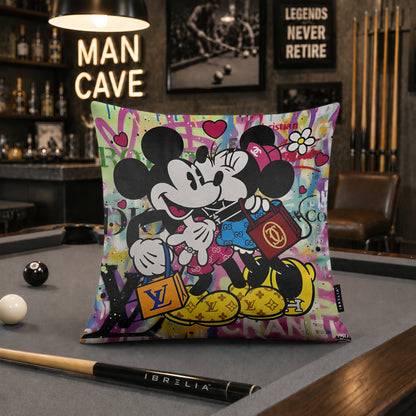 Mickey & Minnie Luxury Kiss Pop Art Cushion | Premium Velvet Suede | Double-Sided Print