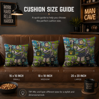 Buzz Lightyear Luxury Shopping Pop Art Cushion | Premium Velvet Suede | Double-Sided Print
