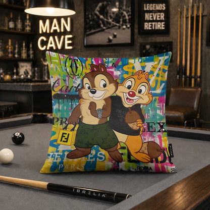 Chip ’n’ Dale Luxury Shopping Pop Art Cushion | Premium Velvet Suede | Double-Sided Print