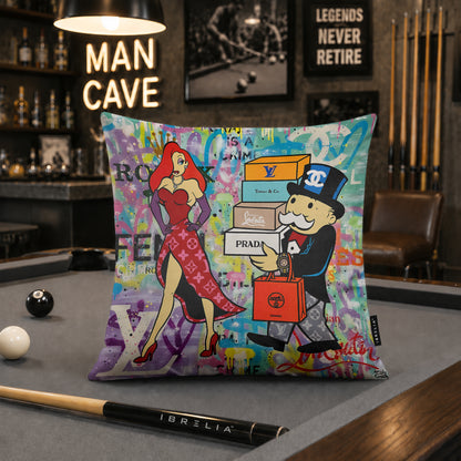 Luxury Shopping Cartoon Pop Art Cushion | Premium Velvet Suede | Double-Sided Print