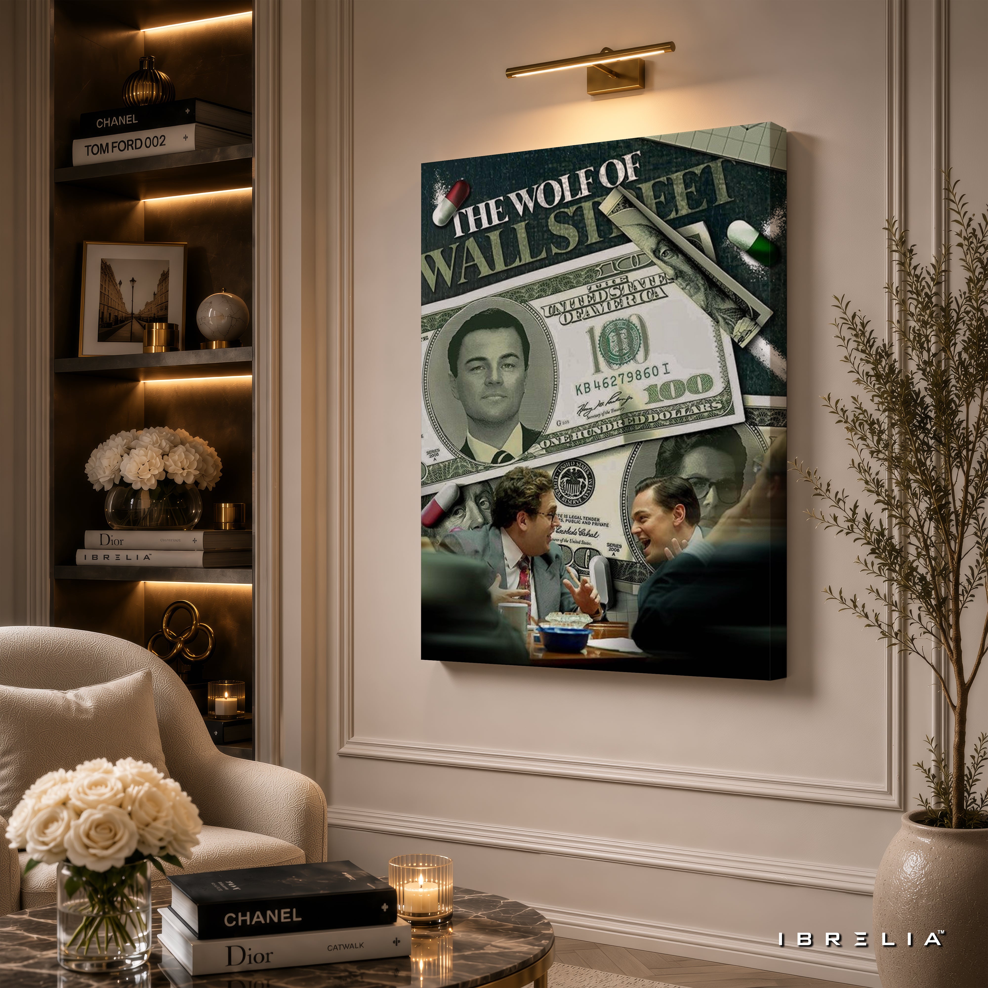 The Wolf of Wall Street Money Collage Premium Canvas Wall Art – Jordan Belfort Movie Poster | Luxury Office Decor | IBRELIA™