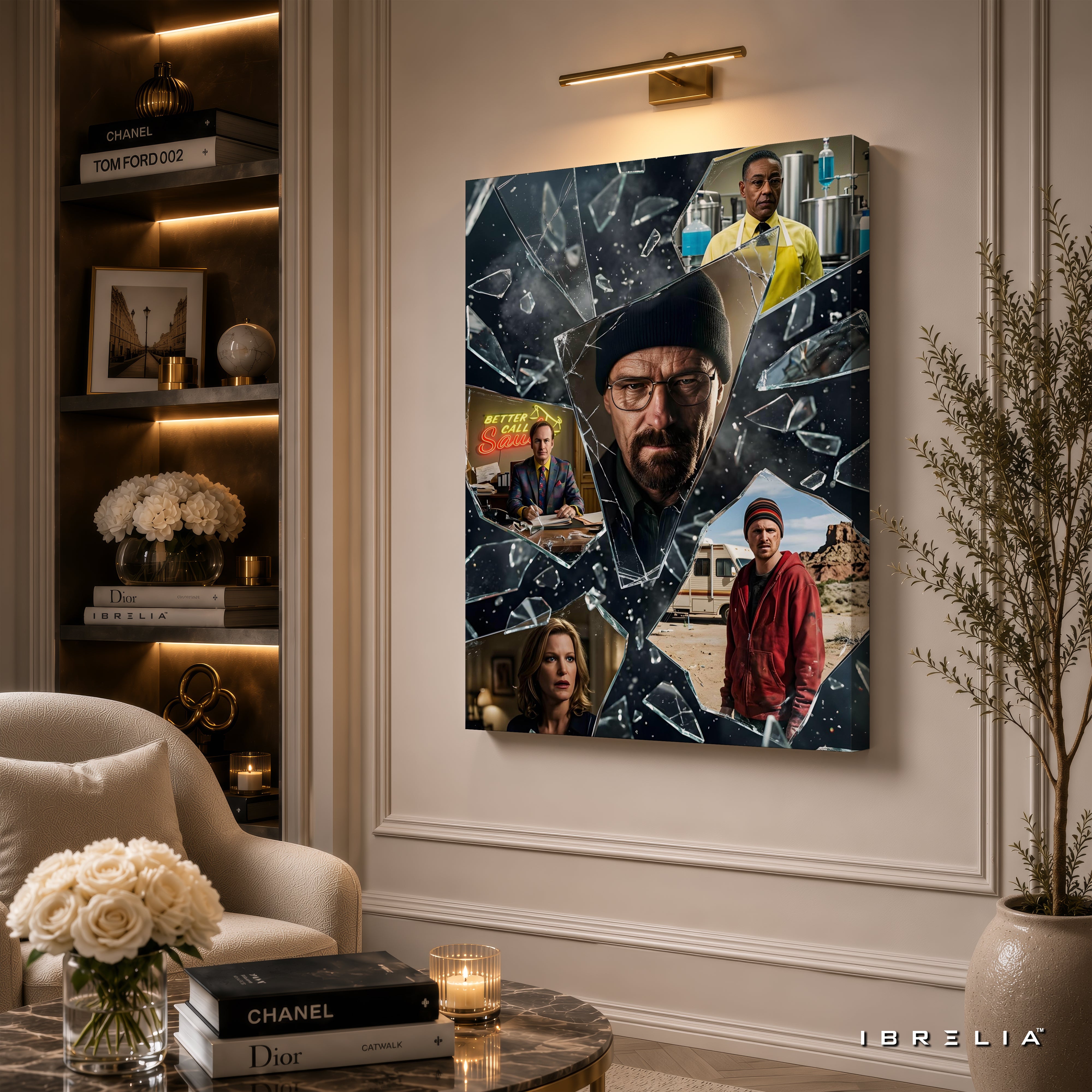 Breaking Bad Shattered Glass Canvas Wall Art – Walter White & Jesse Pinkman Collage Canvas Print | Breaking Bad Wall Decor | IBRELIA™