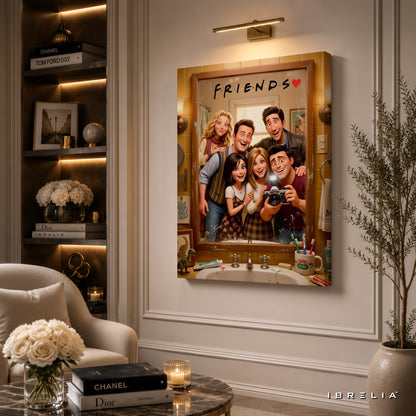 Friends TV Show Cartoon Canvas Wall Art – Cute Friends Mirror Selfie Artwork | Animated Sitcom Canvas Decor | IBRELIA™