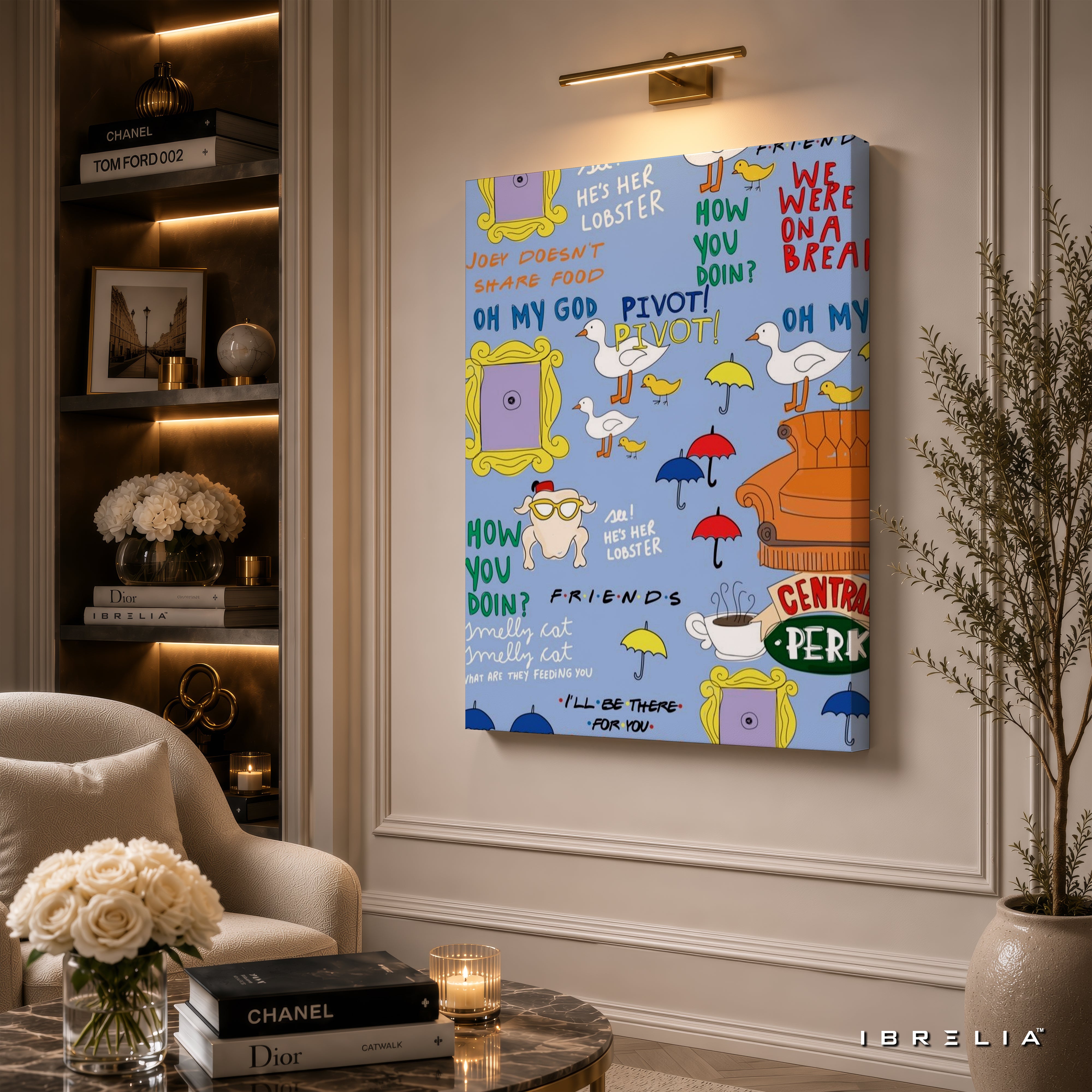 Friends TV Show Icons Canvas Wall Art – Friends Quotes & Symbols Pattern Canvas Print | Sitcom Aesthetic Wall Decor | IBRELIA™