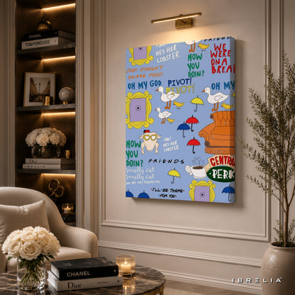 Friends TV Show Icons Canvas Wall Art – Friends Quotes & Symbols Pattern Canvas Print | Sitcom Aesthetic Wall Decor | IBRELIA™