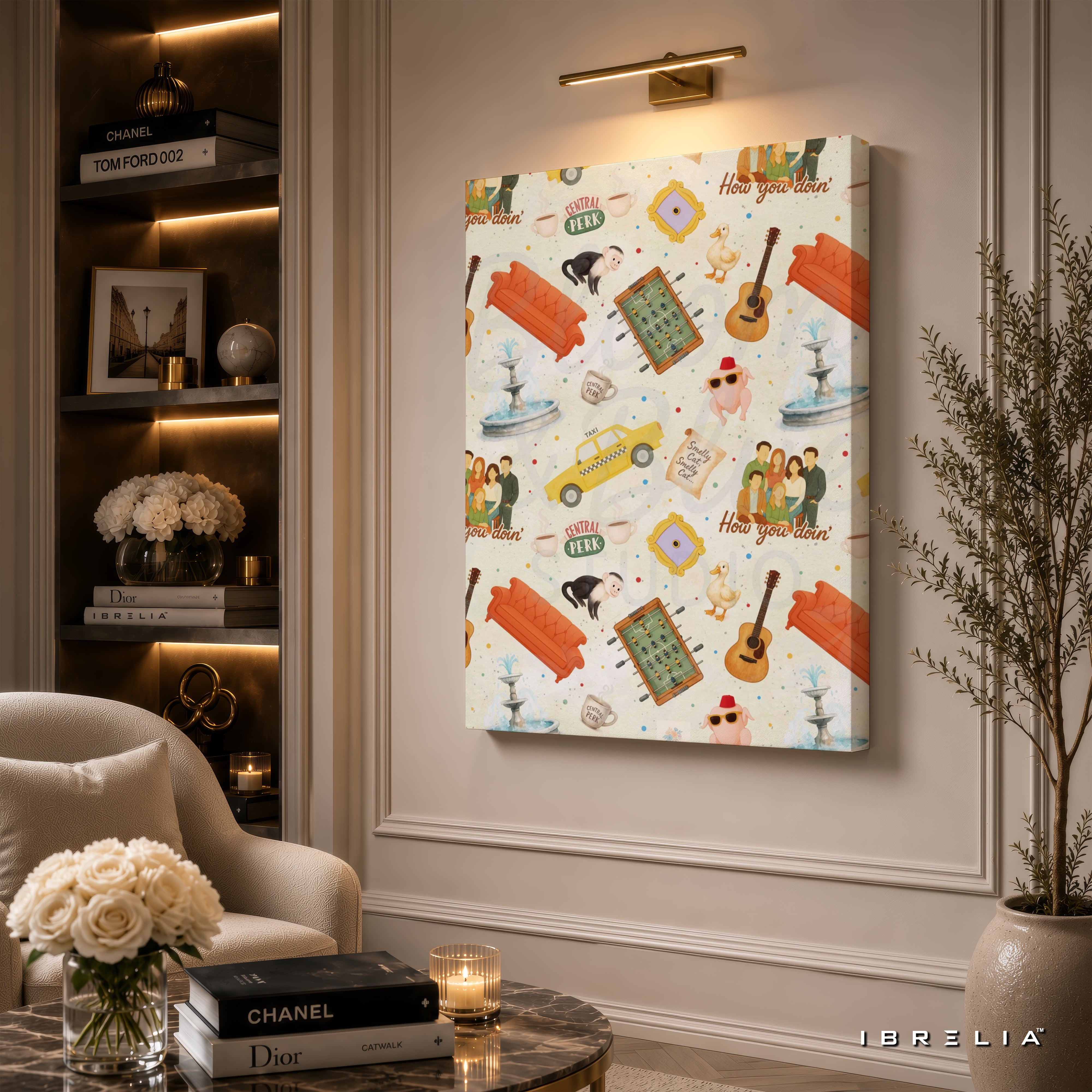 Friends Icons Pattern Canvas Wall Art – Friends TV Show Collage Canvas Print | Central Perk Minimalist Wall Decor | IBRELIA™