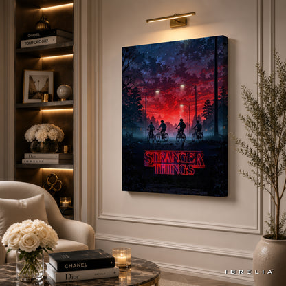 Stranger Things Premium Canvas Wall Art – Hawkins Bicycle Poster | Netflix Series Artwork | Retro Sci-Fi Horror Canvas Decor | IBRELIA™