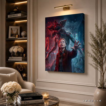 Stranger Things Demogorgon Premium Canvas Wall Art – Eleven vs Demogorgon Netflix Artwork | Sci-Fi Horror Canvas Decor | IBRELIA™