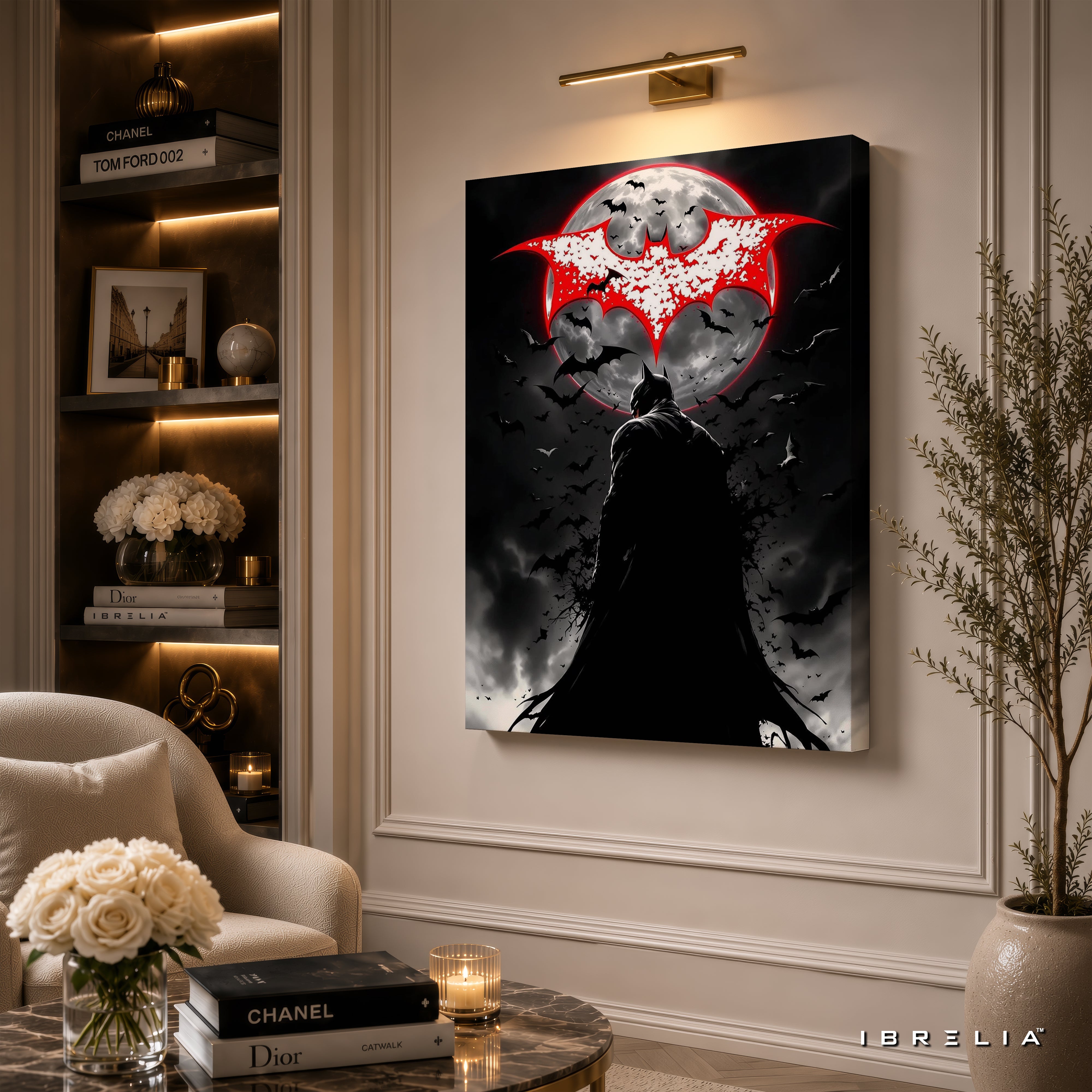 The Dark Knight Batman Wall Art – Red Moon Gotham Premium Wrapped MDF Wall Decor | IBRELIA™