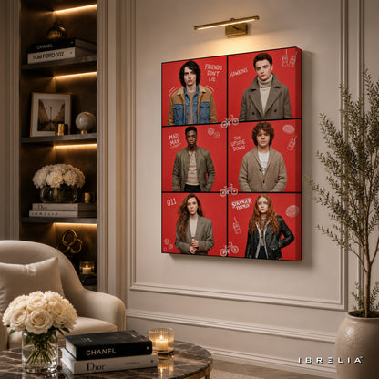 Stranger Things Character Grid Premium Canvas Wall Art – Eleven, Mike, Dustin, Lucas & Max Netflix Artwork | Retro TV Series Canvas Decor | IBRELIA™