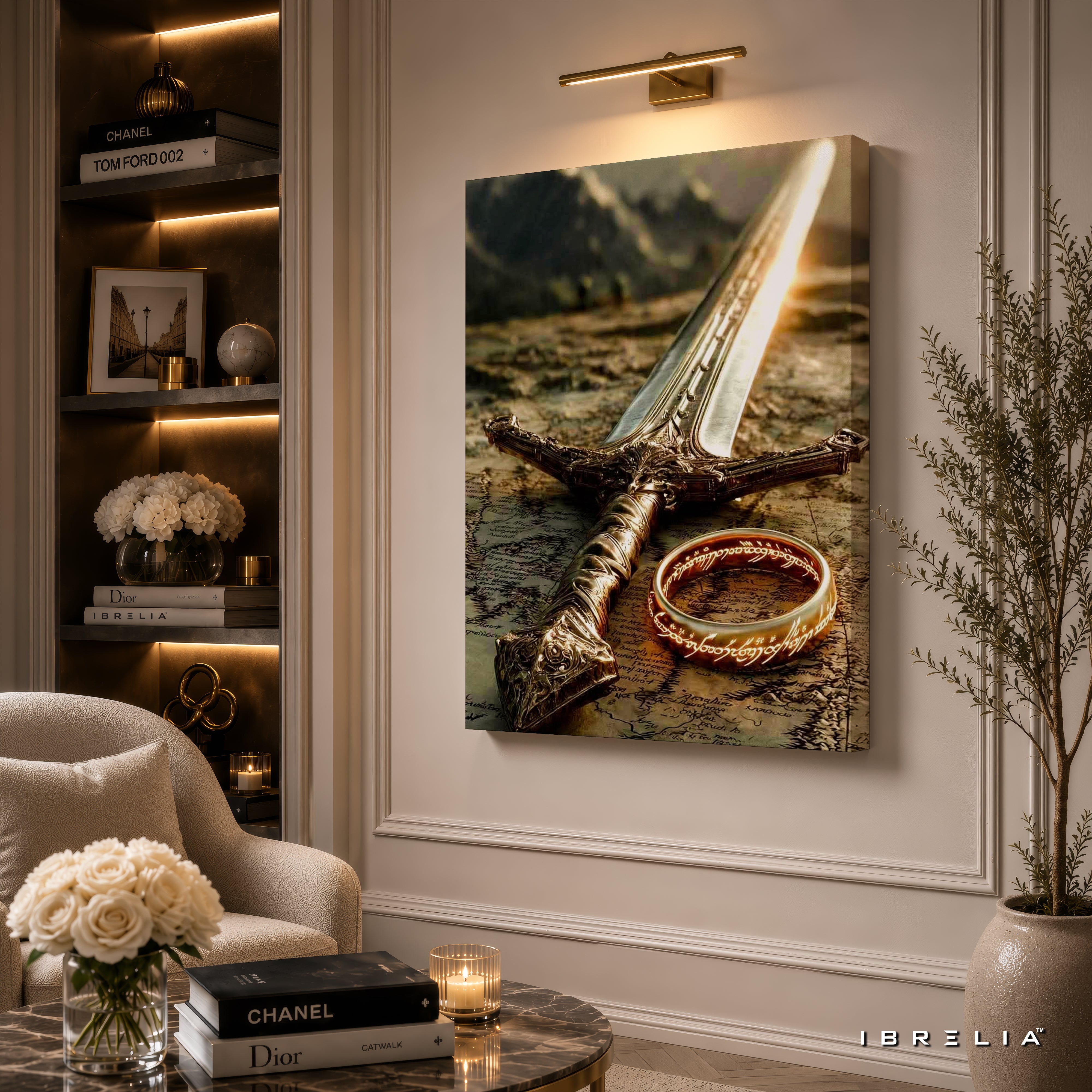 The Lord of the Rings Andúril Sword & One Ring Premium Canvas Wall Art – Legendary Middle-earth Fantasy Artwork | IBRELIA™