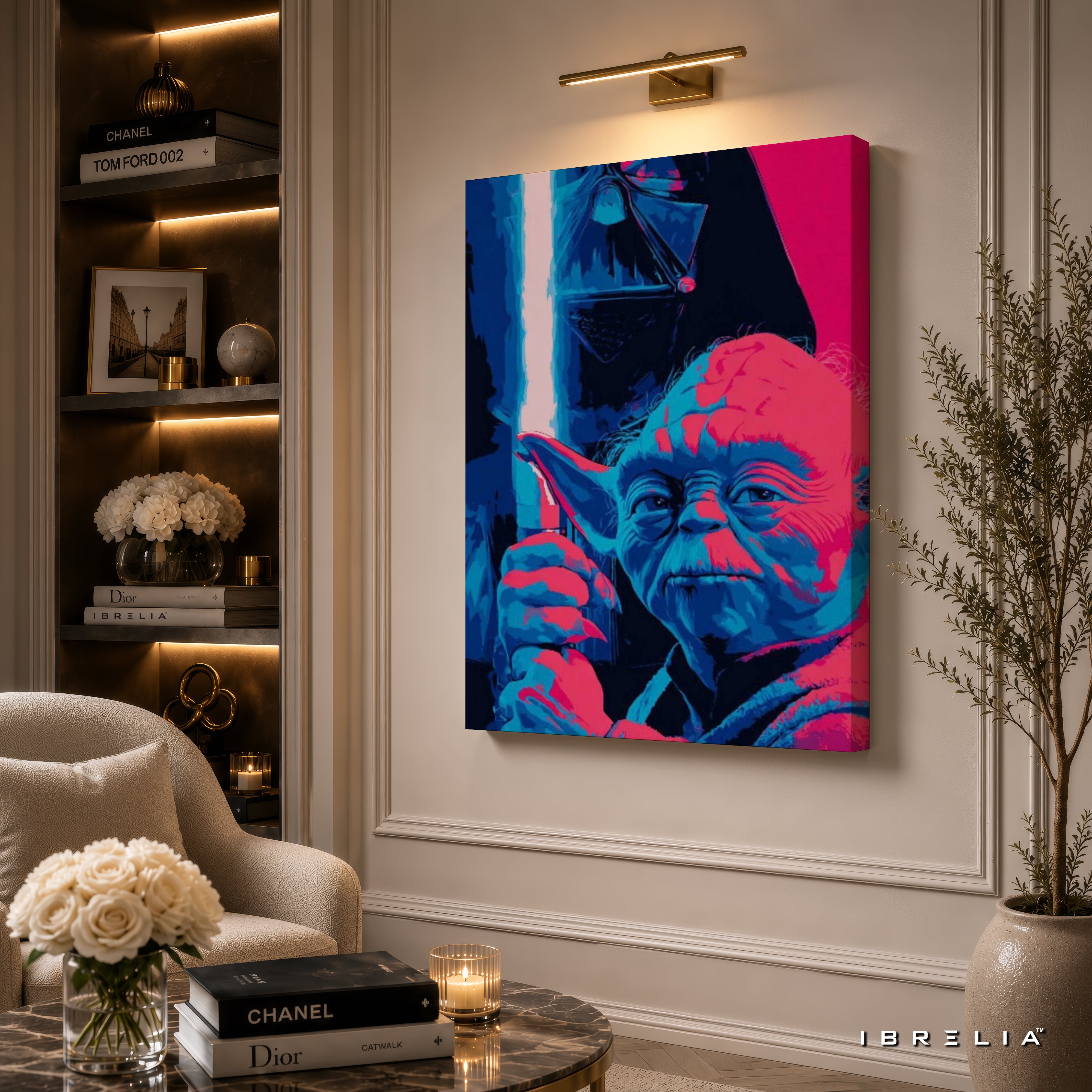 Yoda & Darth Vader Neon Premium Canvas Wall Art – Star Wars Lightsaber Poster | Sci-Fi Pop Art Decor | IBRELIA™