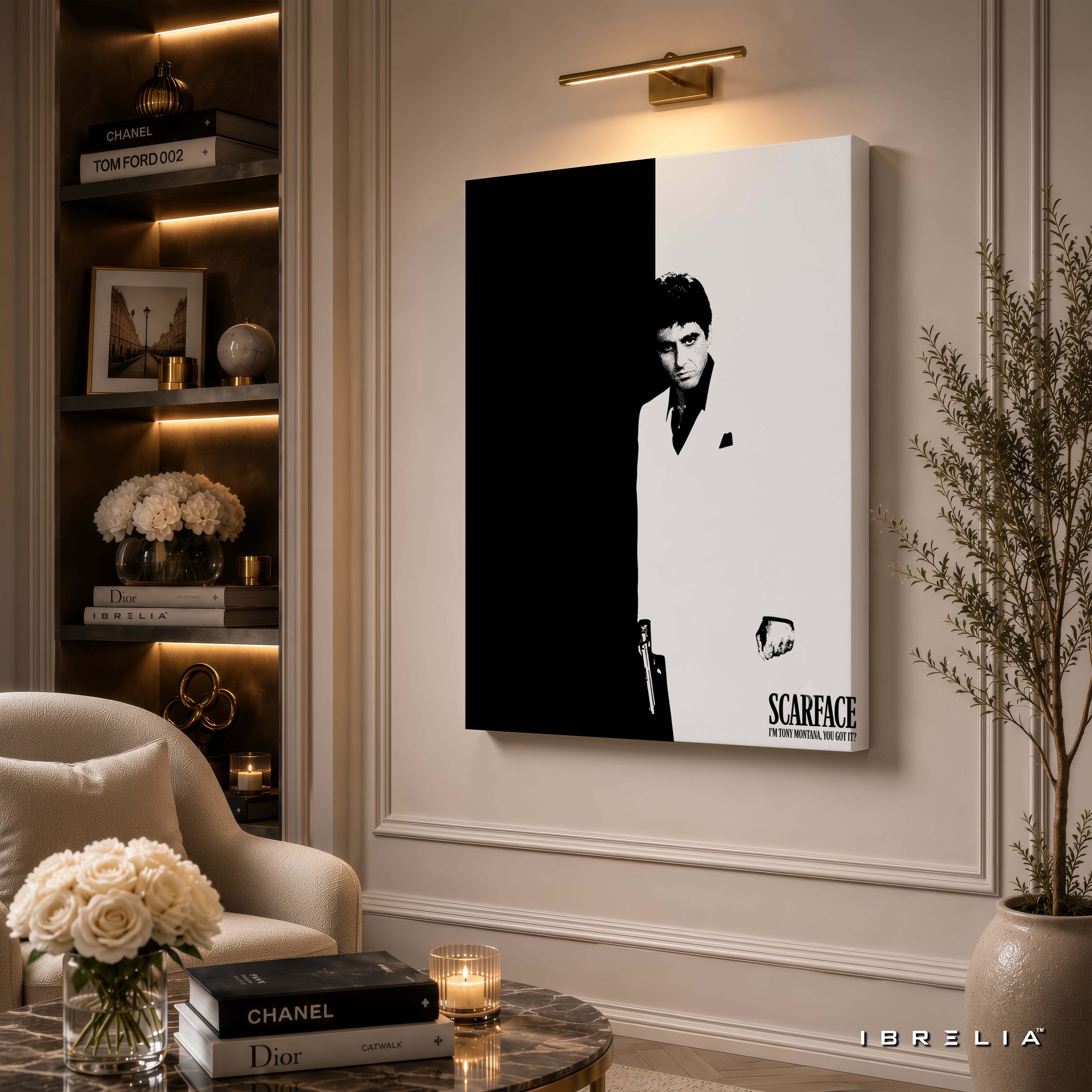 Scarface Minimalist Wall Art – Tony Montana Black & White Movie Poster | IBRELIA™