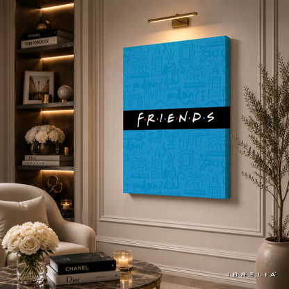 Friends Minimalist Logo Canvas Wall Art – Blue Friends Typography Canvas Print | Modern Sitcom Wall Decor | IBRELIA™