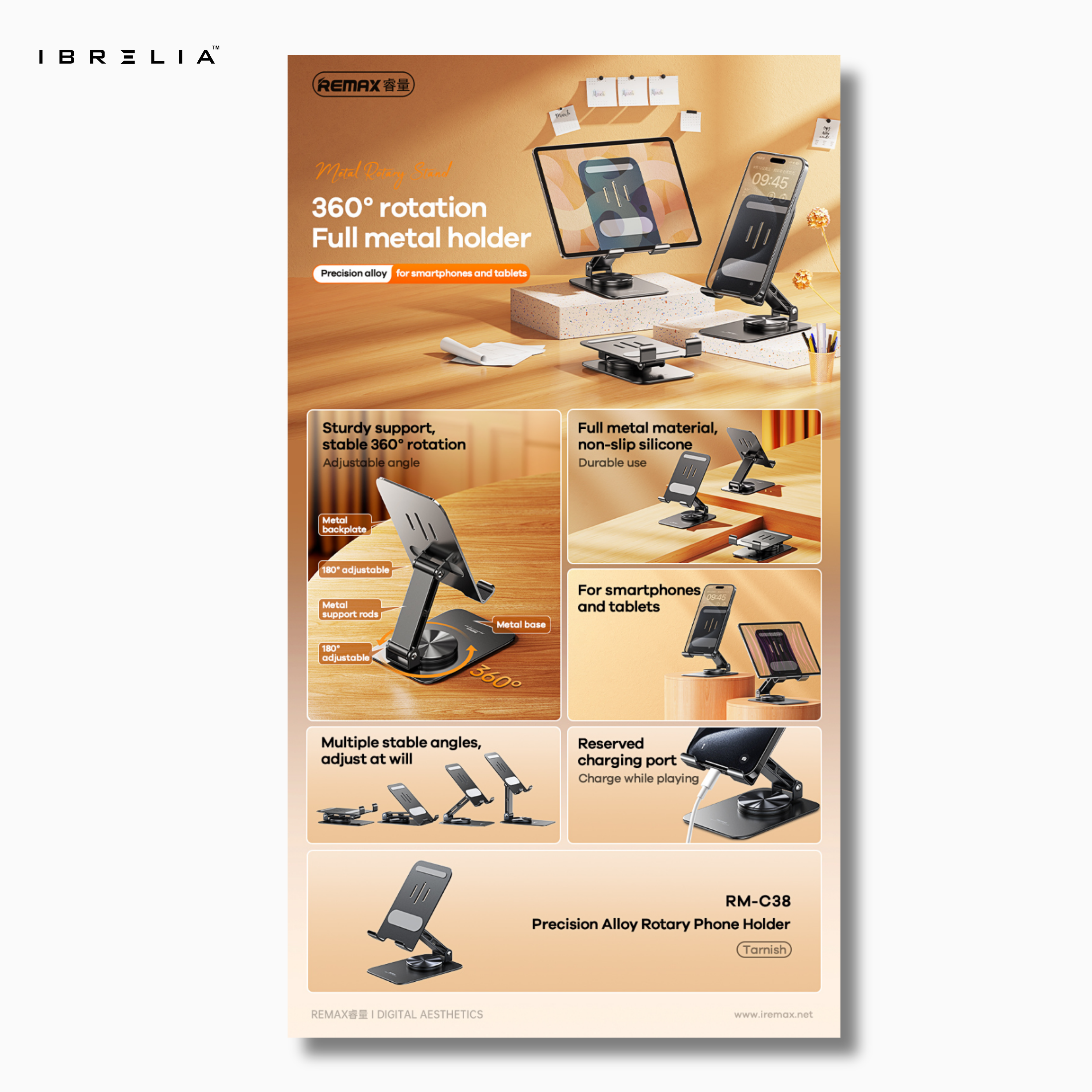 Remax RM-C38 Precision Alloy Rotary Phone Holder | 360° Adjustable Metal Stand | Universal Desk Holder | IBRELIA™