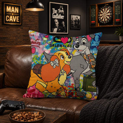 Lady & The Tramp Luxury Love Pop Art Cushion | Premium Velvet Suede | Double-Sided Print