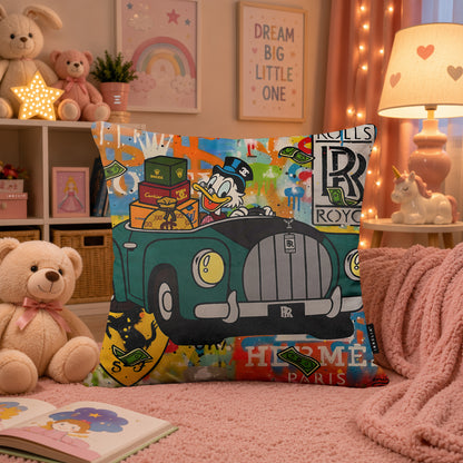 Scrooge McDuck Luxury Car Pop Art Cushion | Premium Velvet Suede | Double-Sided Print