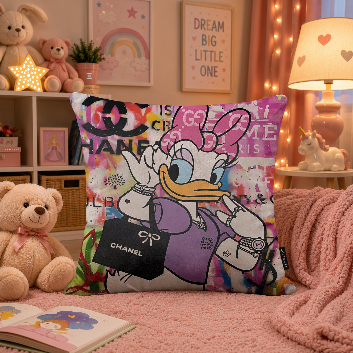 Daisy Duck Luxury Shopping Pop Art Cushion | Premium Velvet Suede | Double-Sided Print