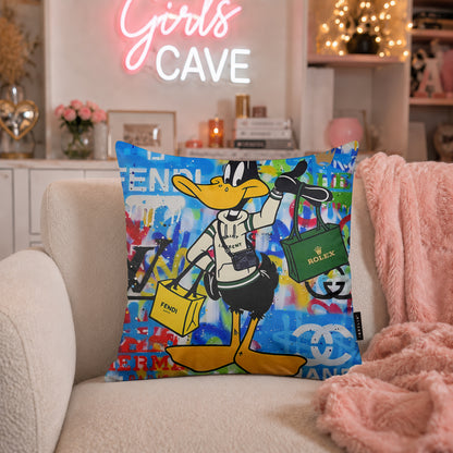 Daffy Duck Luxury Shopping Pop Art Cushion | Premium Velvet Suede | Double-Sided Print