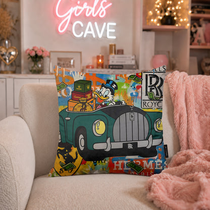 Scrooge McDuck Luxury Car Pop Art Cushion | Premium Velvet Suede | Double-Sided Print