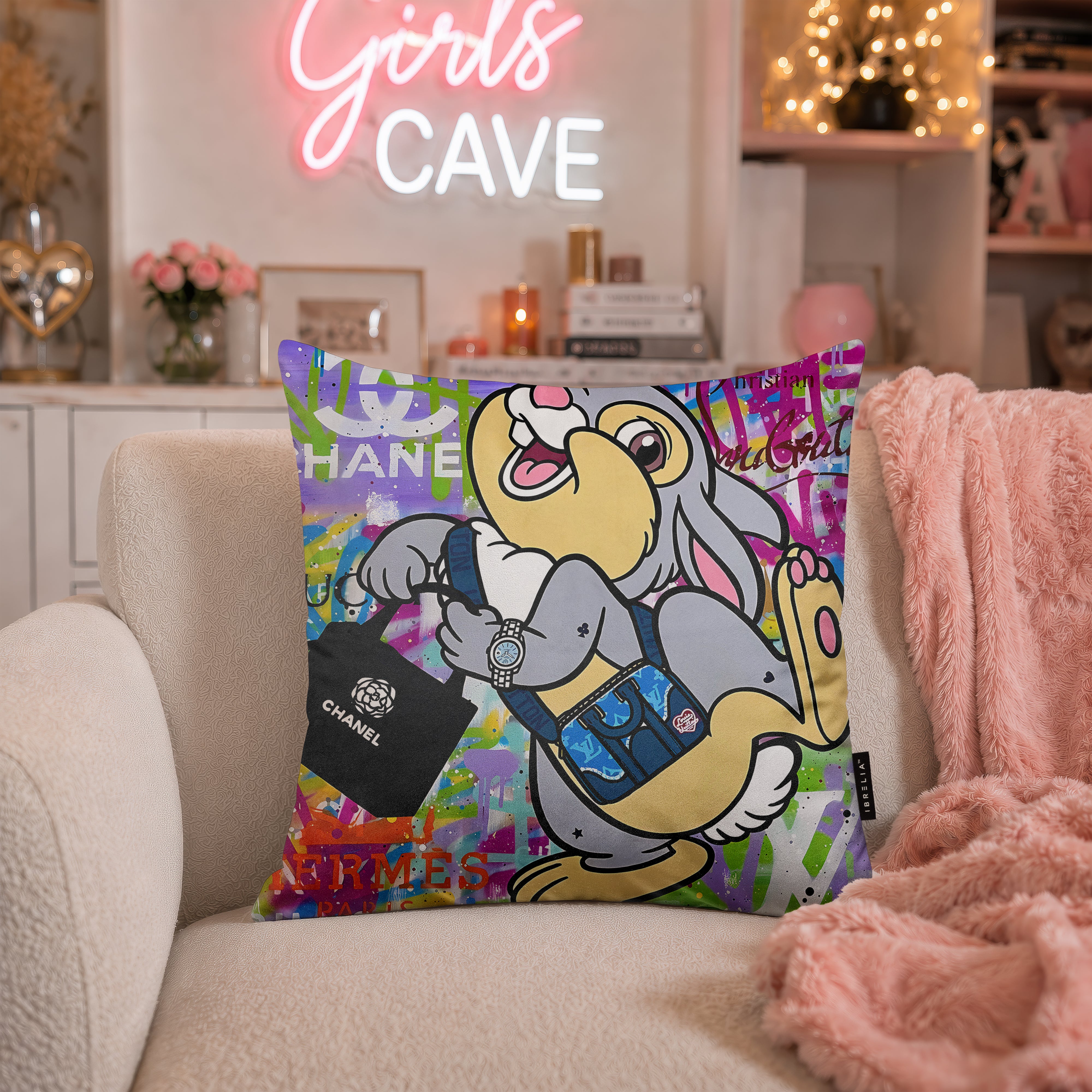 Thumper Luxury Shopping Pop Art Cushion | Premium Velvet Suede | Double-Sided Print