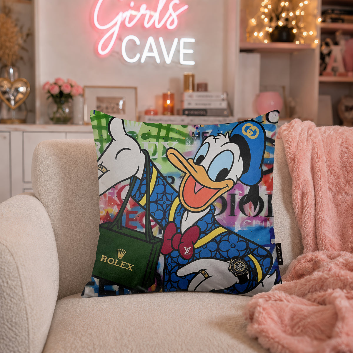 Donald Duck Blue Luxury Shopping Pop Art Cushion | Premium Velvet Suede | Double-Sided Print