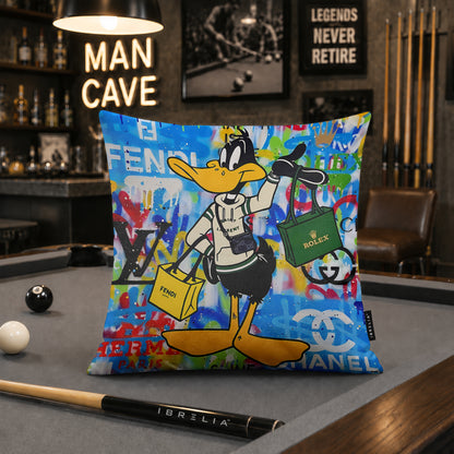 Daffy Duck Luxury Shopping Pop Art Cushion | Premium Velvet Suede | Double-Sided Print