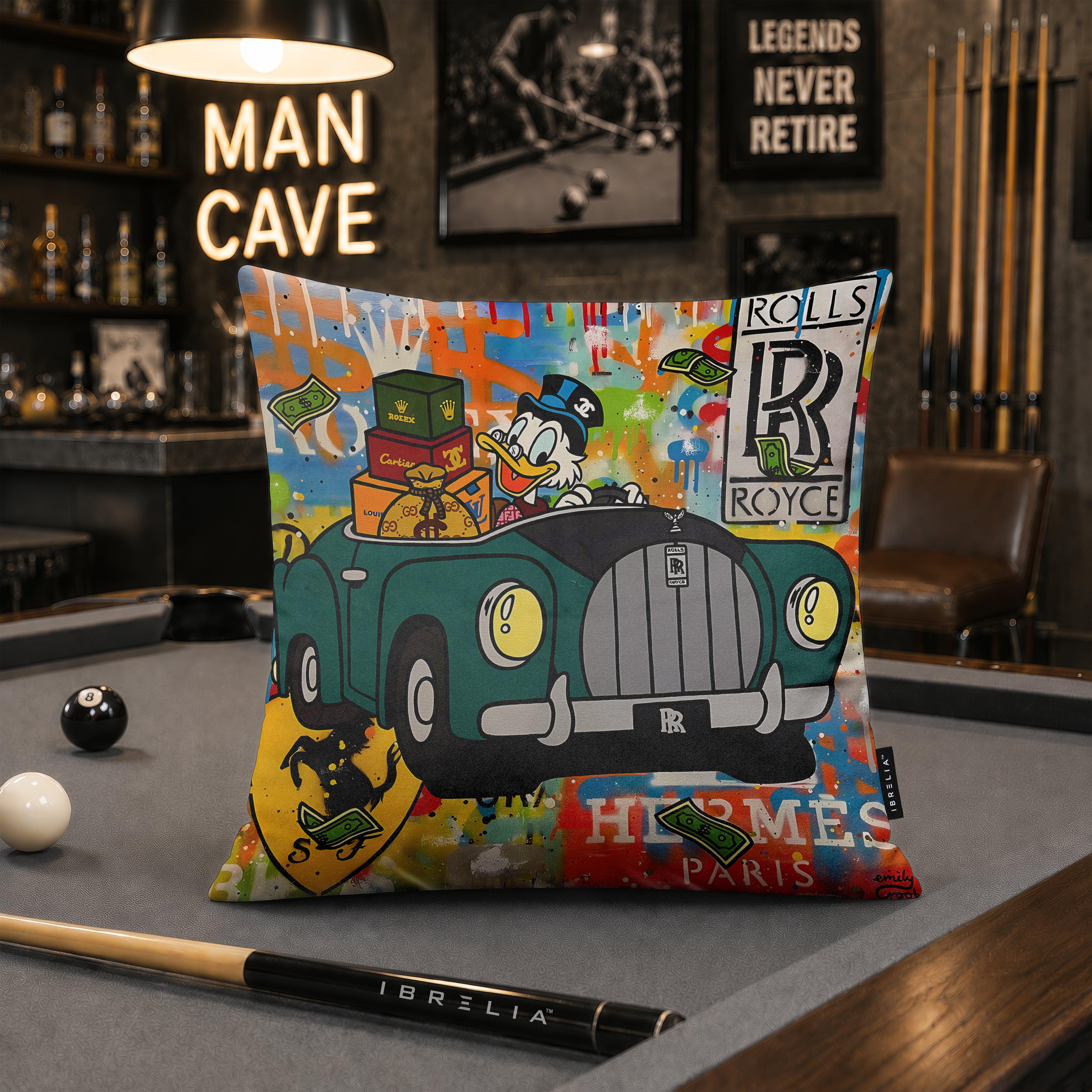 Scrooge McDuck Luxury Car Pop Art Cushion | Premium Velvet Suede | Double-Sided Print