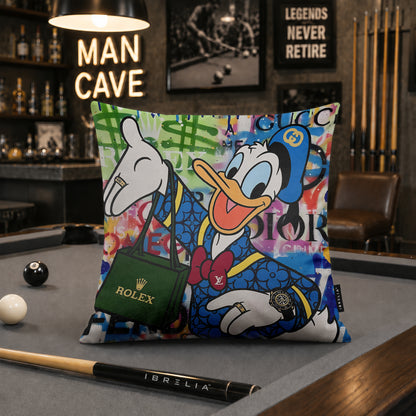 Donald Duck Blue Luxury Shopping Pop Art Cushion | Premium Velvet Suede | Double-Sided Print