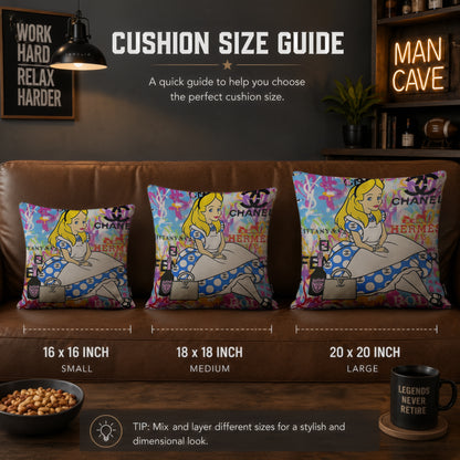 Alice in Wonderland Luxury Fashion Pop Art Cushion | Premium Velvet Suede | Double-Sided Print