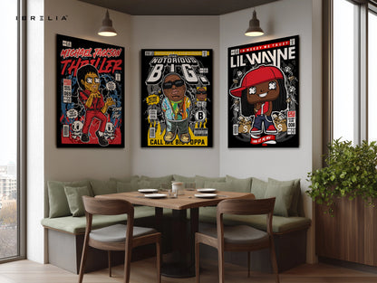 Hip Hop Icons Comic Style 3 Panel 4K Ultra HD Wall Art in Pakistan | IBRELIA™ IBRELIA