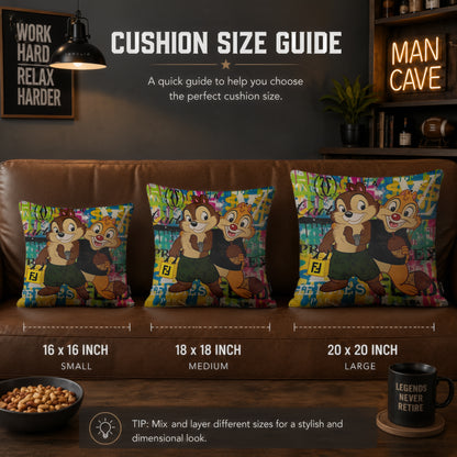 Chip ’n’ Dale Luxury Shopping Pop Art Cushion | Premium Velvet Suede | Double-Sided Print