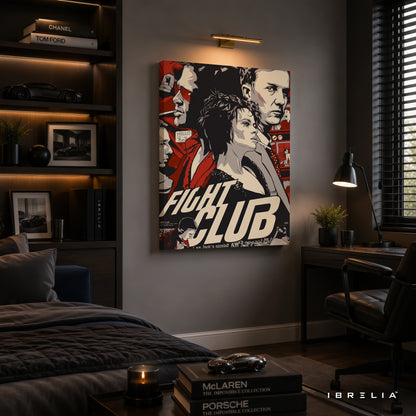 Fight Club Vintage Collage Premium Canvas Wall Art – Cult Classic Movie Poster Artwork | Tyler Durden Modern Canvas Decor | IBRELIA™