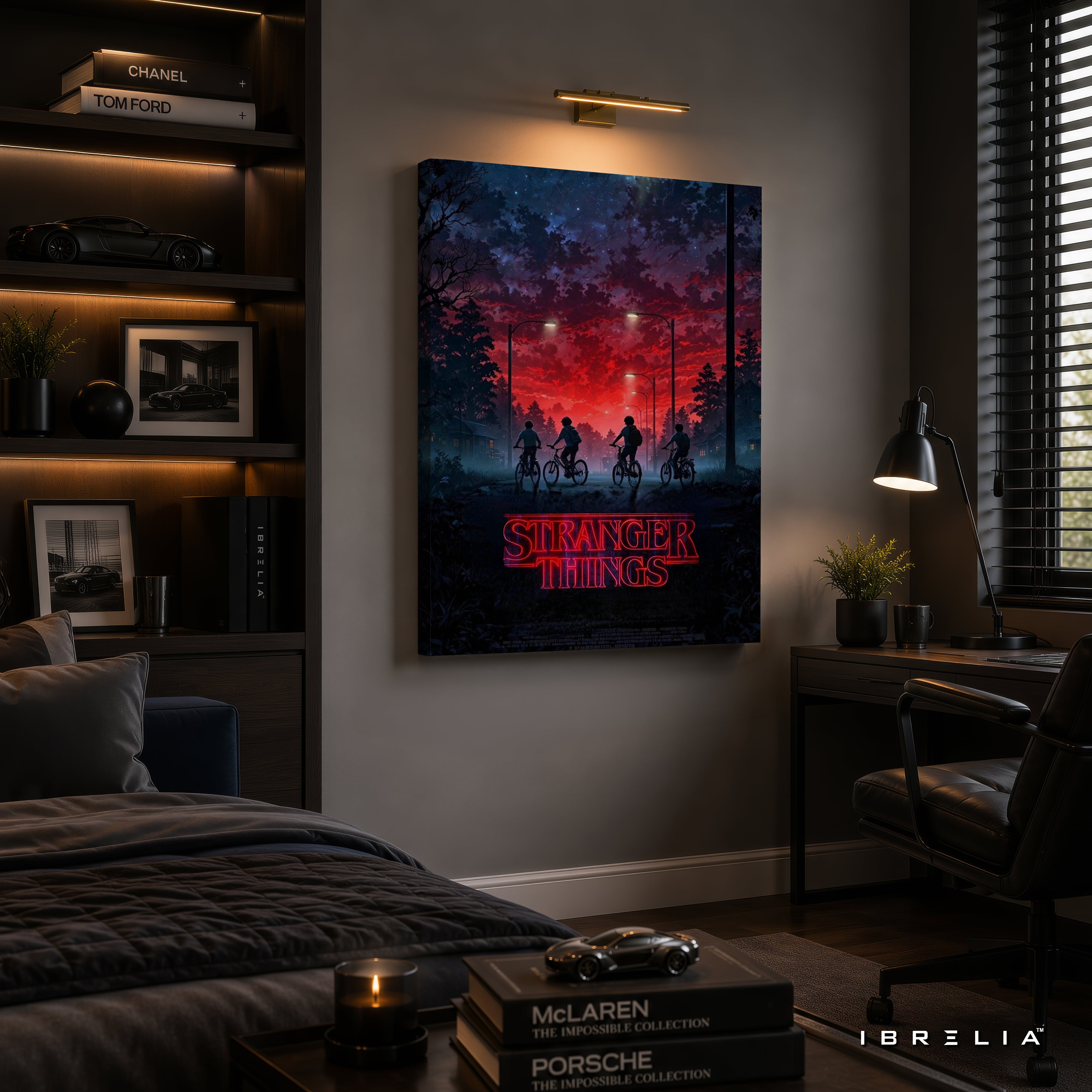Stranger Things Premium Canvas Wall Art – Hawkins Bicycle Poster | Netflix Series Artwork | Retro Sci-Fi Horror Canvas Decor | IBRELIA™