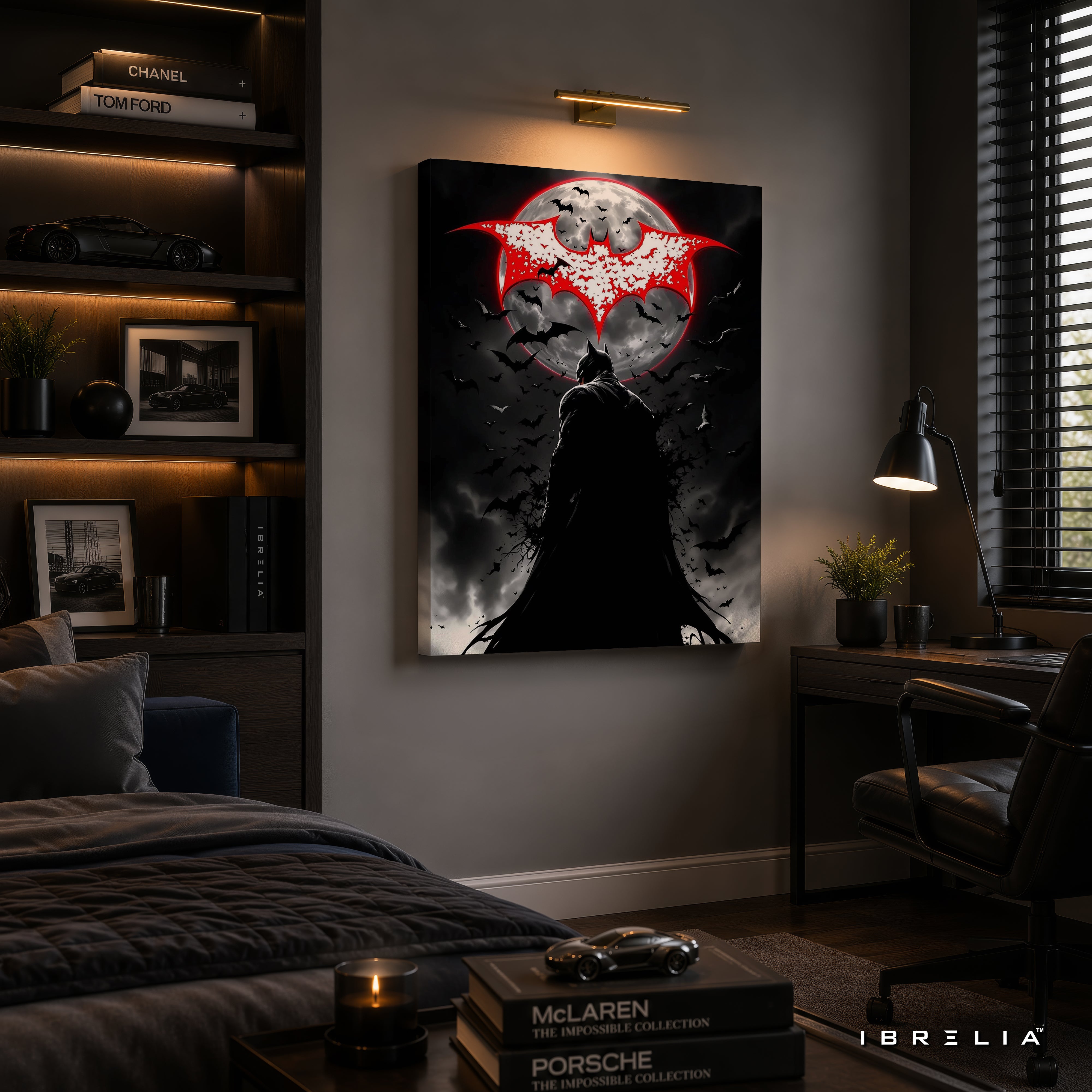 The Dark Knight Batman Wall Art – Red Moon Gotham Premium Wrapped MDF Wall Decor | IBRELIA™