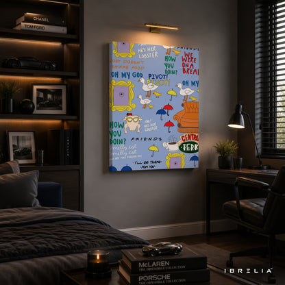 Friends TV Show Icons Canvas Wall Art – Friends Quotes & Symbols Pattern Canvas Print | Sitcom Aesthetic Wall Decor | IBRELIA™