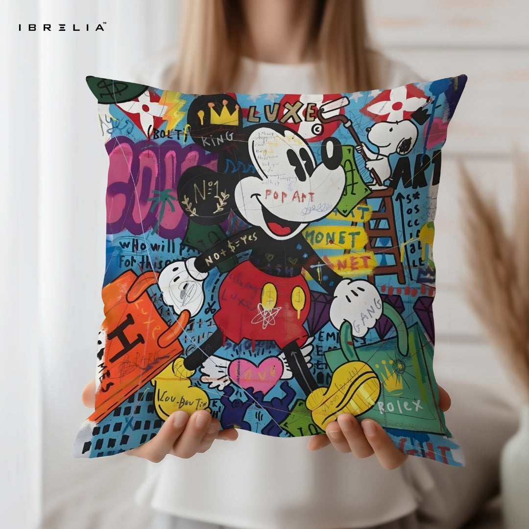 Mickey Mouse Pop Art Cushion – 15x15 Inch Cartoon Street Art Pillow | Urban Graphic Design Cushion | Double-Sided Print | Premium Fibre Filling | IBRELIA™ IBRELIA