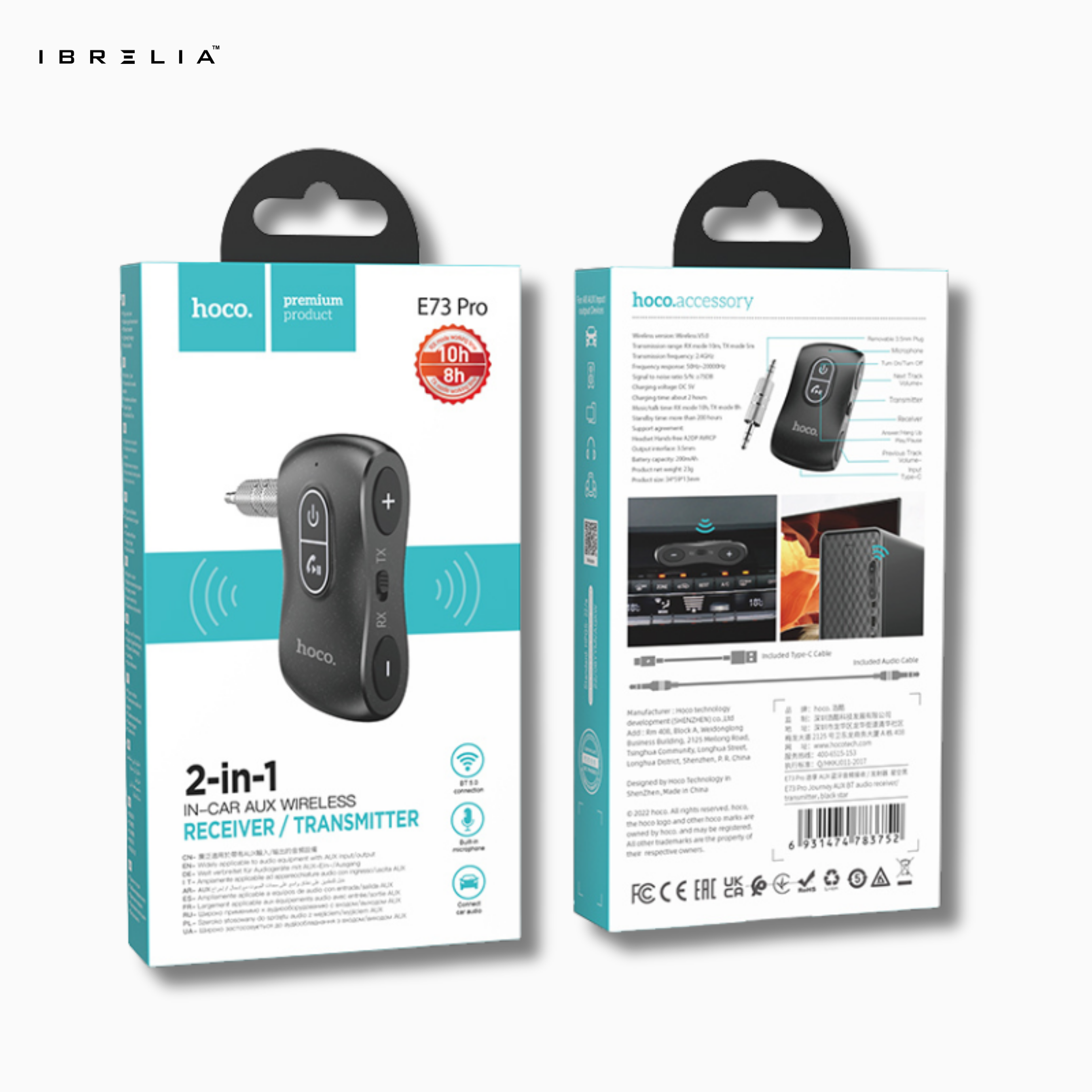 HOCO E73 Pro 2-in-1 In-Car AUX Wireless Receiver & Transmitter – Bluetooth 5.0 Audio Adapter | IBRELIA™