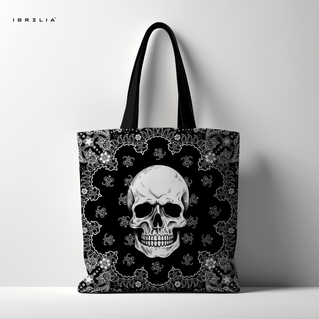 IBRELIA™ Skull Bandana Premium Jute Tote Bag with Velvet Handles, Satin Lining & Inner Zip Pocket IBRELIA