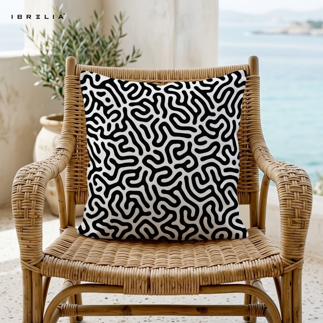 Abstract Monochrome Pattern Cushion – Black & White Modern Pillow 15x15 Inch | Minimal Aesthetic Cushion | IBRELIA™ IBRELIA