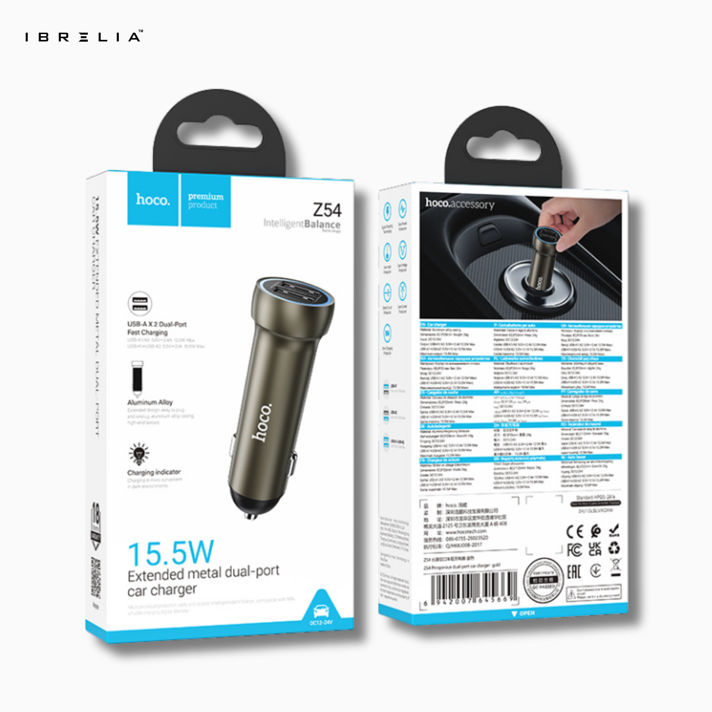 HOCO Z54 Prosperous 15.5W Extended Metal Dual-Port Car Charger | IBRELIA™