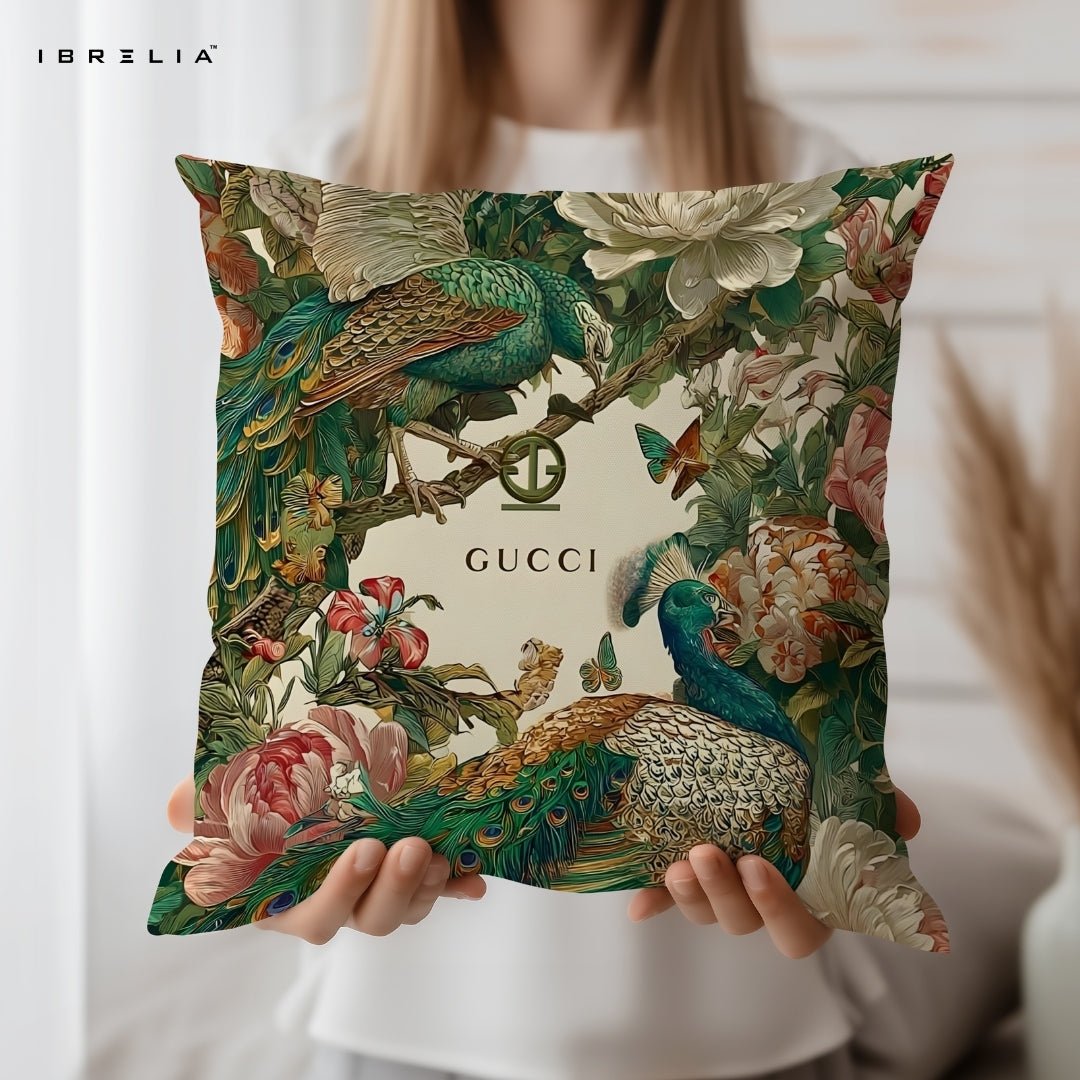 Vintage Peacock Floral Cushion 15x15 Inch | Double-Sided Luxury Botanical Pillow | IBRELIA™ IBRELIA