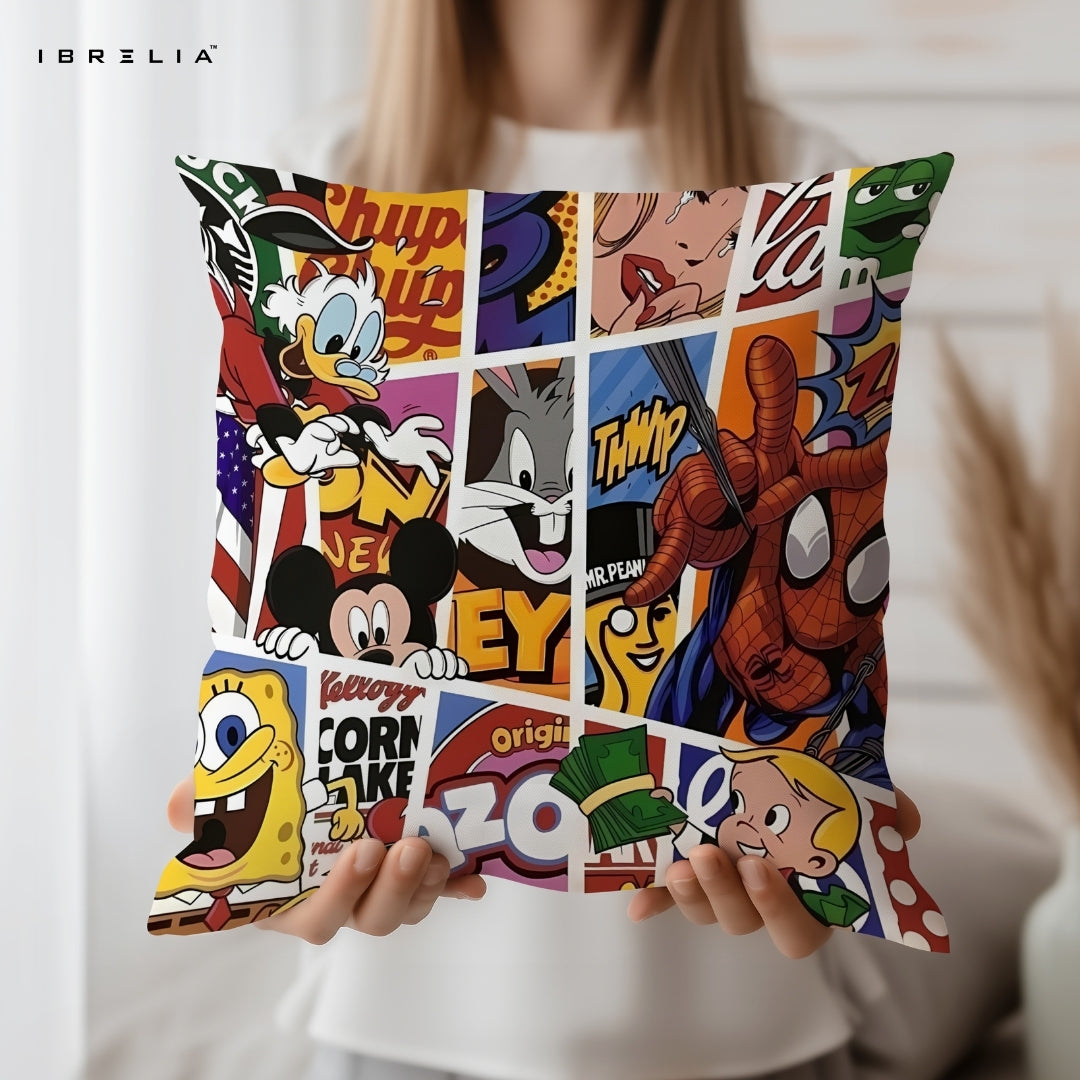 Cartoon Mix Cushion – Mickey Mouse, SpongeBob, Bugs Bunny & Spider-Man Pop Art Pillow 15x15 Inch | Double-Sided Print | Fibre Filling | IBRELIA™ IBRELIA