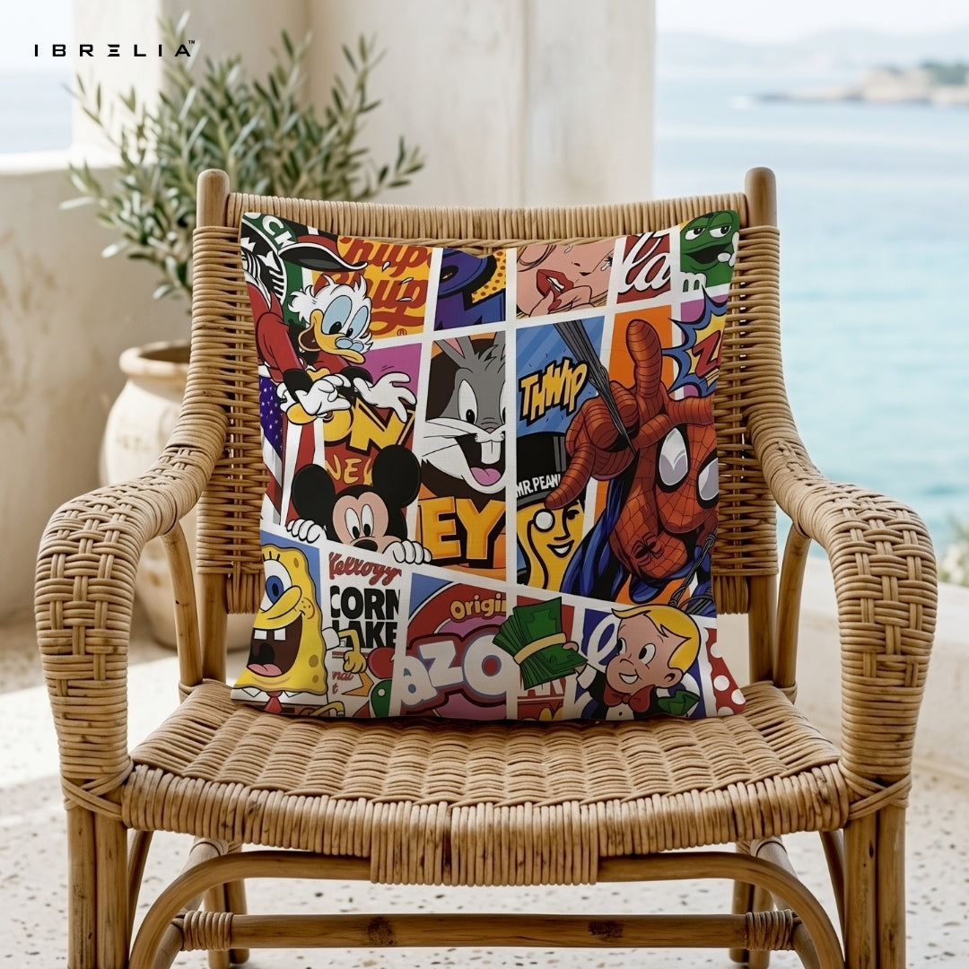 Cartoon Mix Cushion – Mickey Mouse, SpongeBob, Bugs Bunny & Spider-Man Pop Art Pillow 15x15 Inch | Double-Sided Print | Fibre Filling | IBRELIA™ IBRELIA