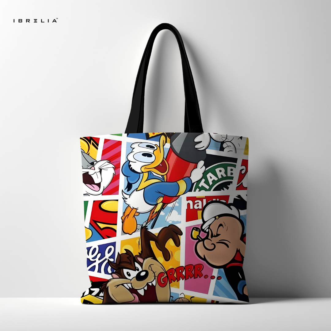 IBRELIA™ Cartoon Collage Tote Bag – Premium Pop Culture Graphic Tote IBRELIA
