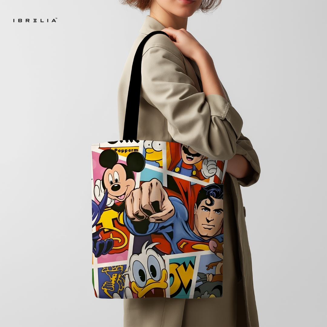 IBRELIA™ Cartoon & Superhero Collage Tote Bag – Premium Pop Culture Graphic Tote IBRELIA